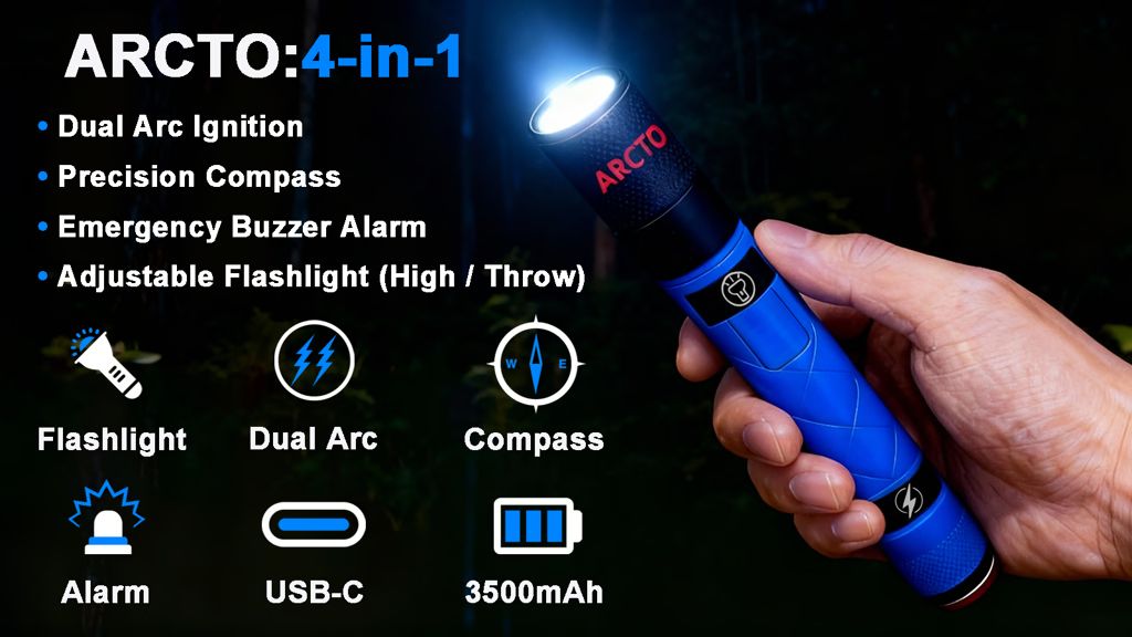 Kickstarter - ARCTO：4-in-1 Survival Tool with Stepless Focus Flashlight