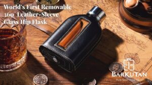 BARKUTAN- Removable 360° Leather-Sleeve Glass Hip Flask