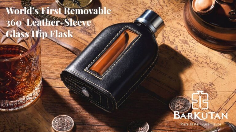 BARKUTAN- Removable 360° Leather-Sleeve Glass Hip Flask