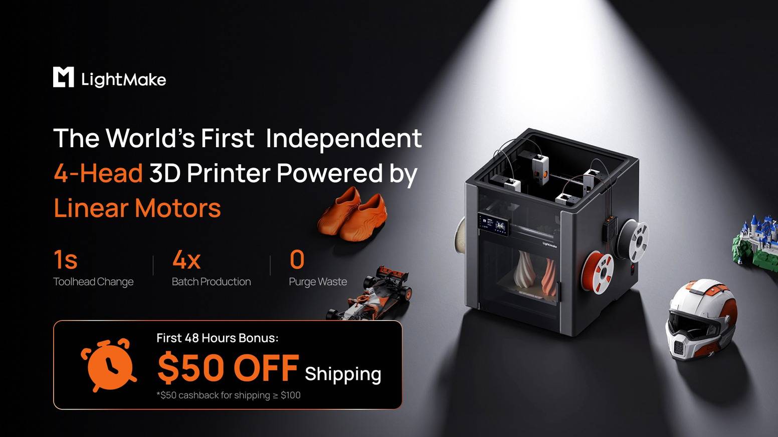 LightMake L4- 4-Head Color 3D Printer with Linear Motors