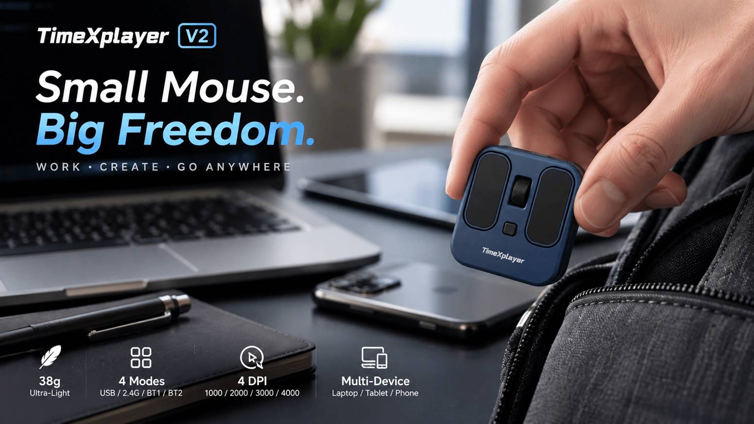 TIMEXPLAYER- A 38g Mini Multi-Device Wireless Mouse