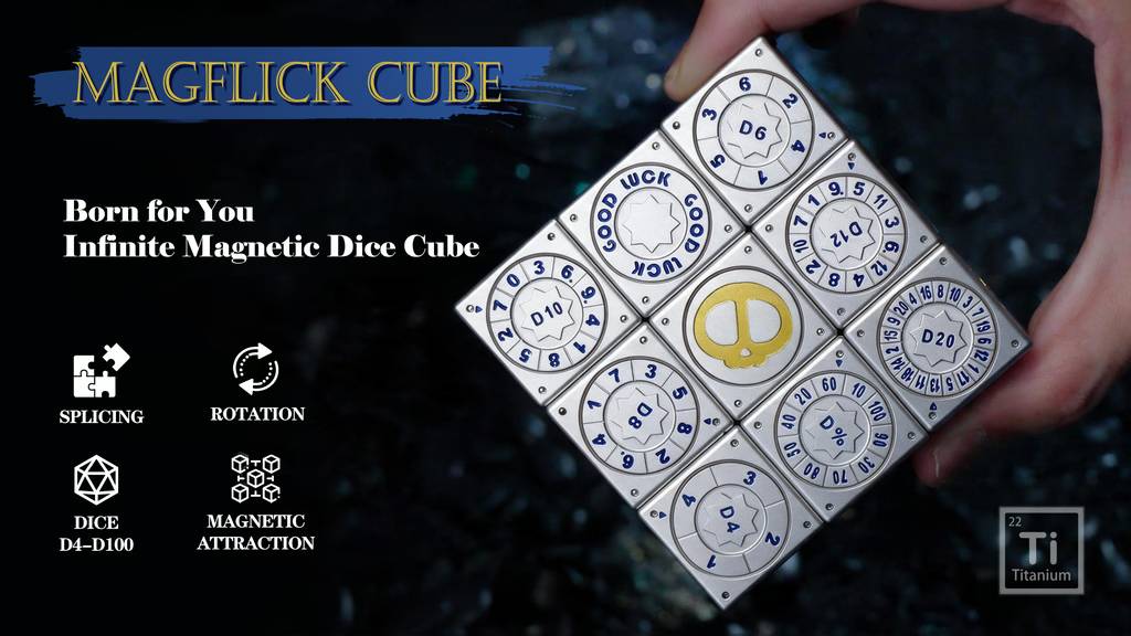 MagFlick Cube modular magnetic dice set with engraved metal modules